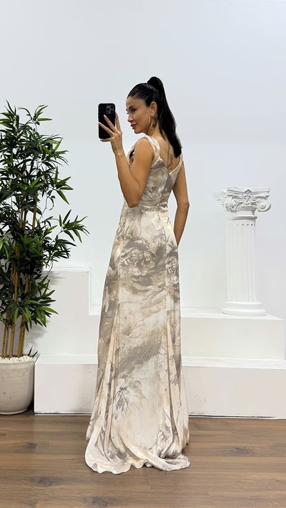 Mink Strap Patterned Evening Dress