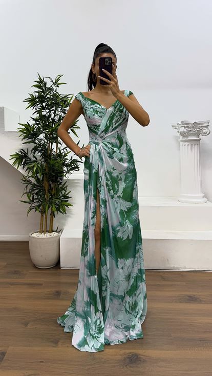 Aqua Green Strappy Patterned Evening Dress