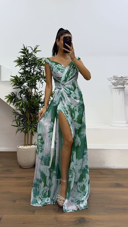 Aqua Green Strappy Patterned Evening Dress