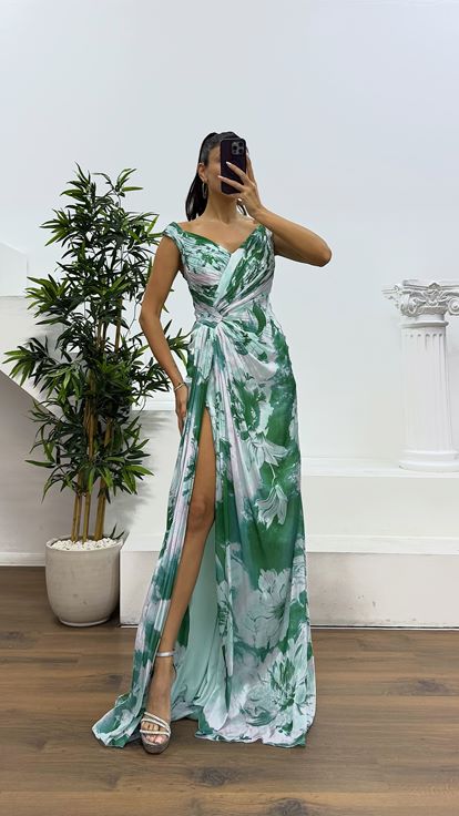Aqua Green Strappy Patterned Evening Dress