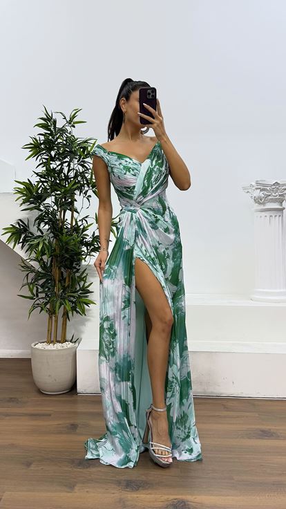 Aqua Green Strappy Patterned Evening Dress