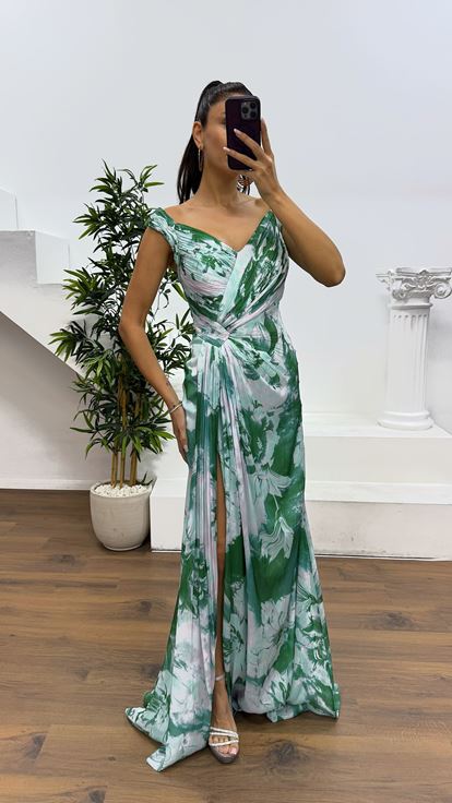 Aqua Green Strappy Patterned Evening Dress