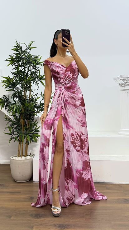 Patterned Evening Dress with Dried Rose Straps