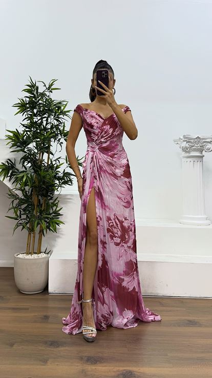 Patterned Evening Dress with Dried Rose Straps