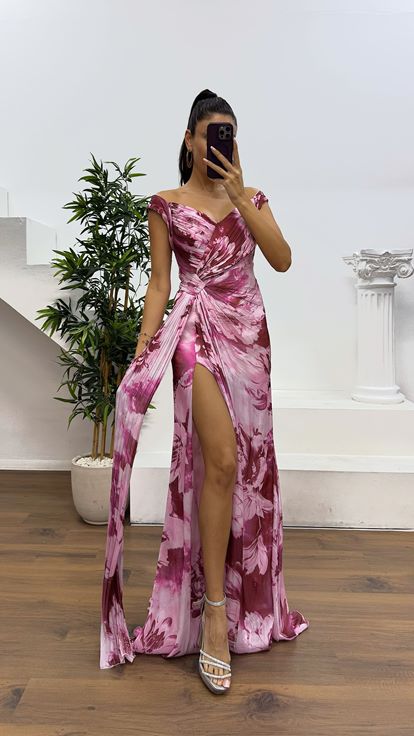 Patterned Evening Dress with Dried Rose Straps