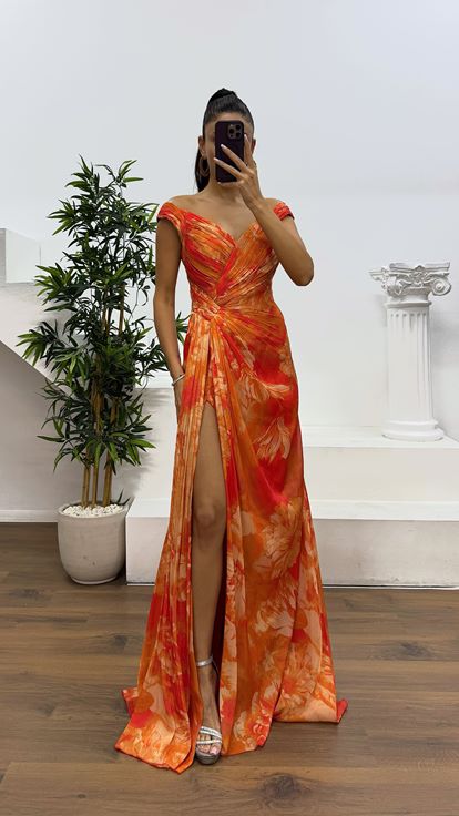 Orange Strap Patterned Evening Dress
