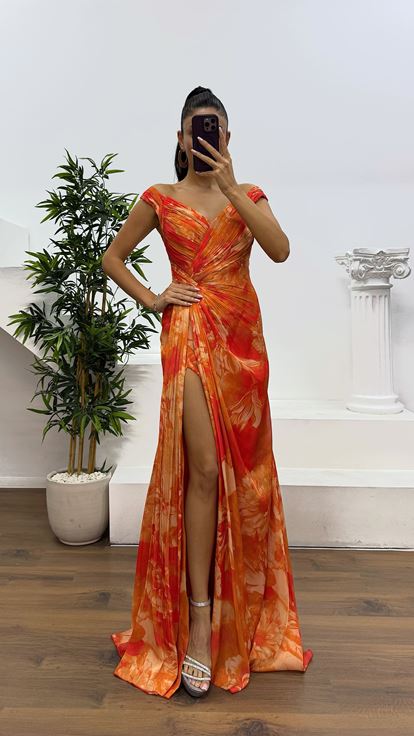 Orange Strap Patterned Evening Dress