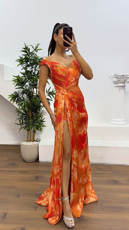 Orange Strap Patterned Evening Dress