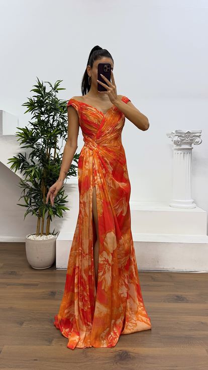 Orange Strap Patterned Evening Dress