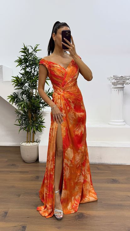 Orange Strap Patterned Evening Dress