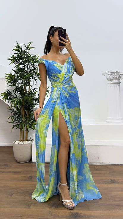 Blue Strap Patterned Evening Dress