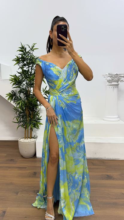 Blue Strap Patterned Evening Dress