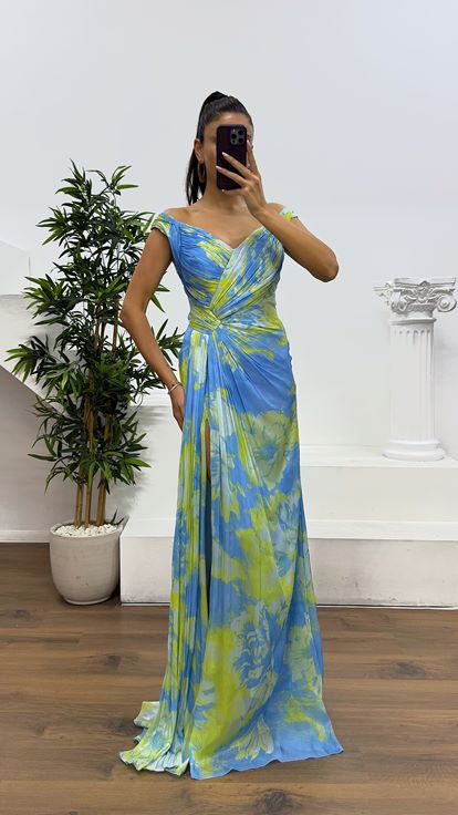 Blue Strap Patterned Evening Dress