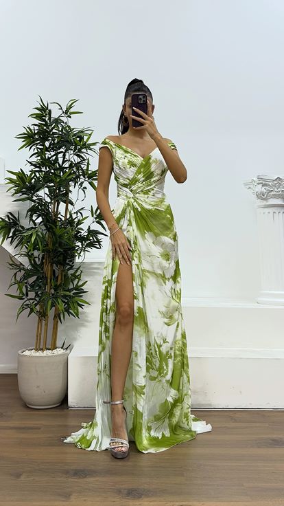 Bone Green Strap Patterned Evening Dress