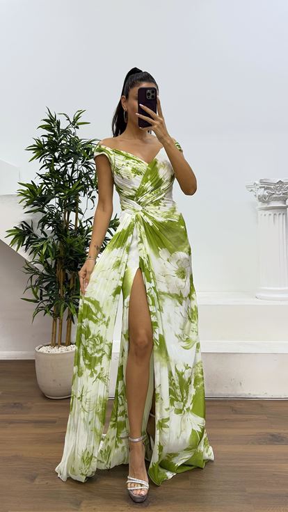 Bone Green Strap Patterned Evening Dress