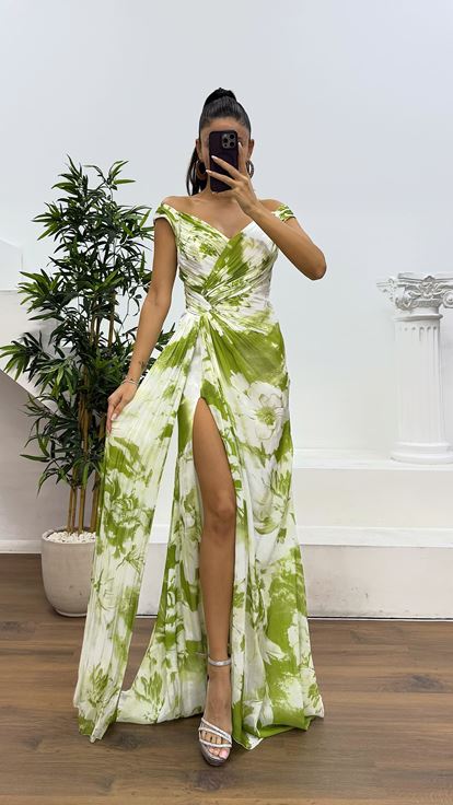 Bone Green Strap Patterned Evening Dress