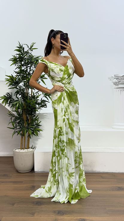 Bone Green Strap Patterned Evening Dress