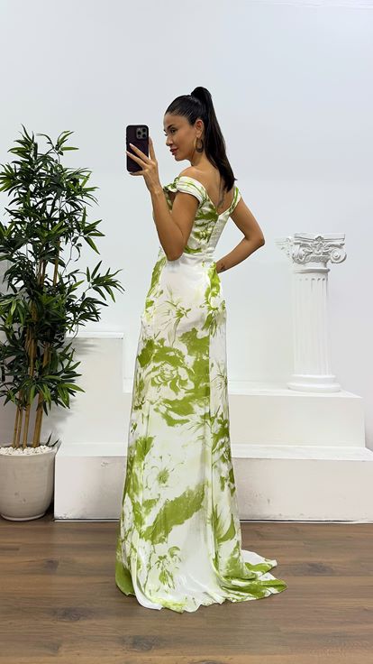 Bone Green Strap Patterned Evening Dress