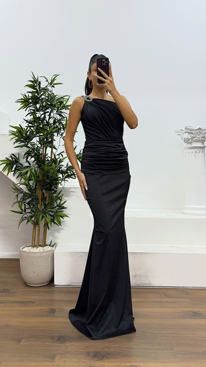 Black One Shoulder Draped Evening Dress
