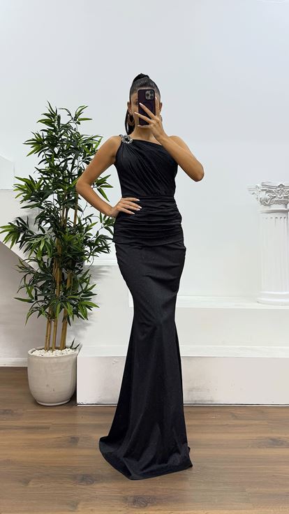 Black One Shoulder Draped Evening Dress