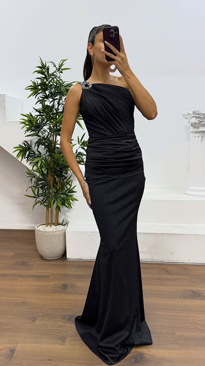 Black One Shoulder Draped Evening Dress