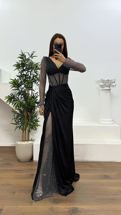 Abito da sera nero con dettagli in rete Jan Jan