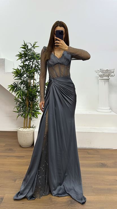 Antrasit File Detay Abiye Elbise