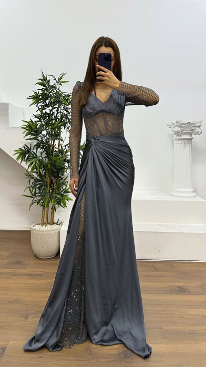 Antrasit File Detay Abiye Elbise