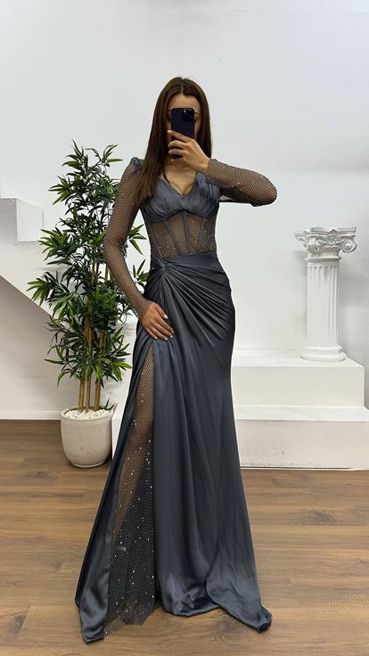 Antrasit File Detay Abiye Elbise