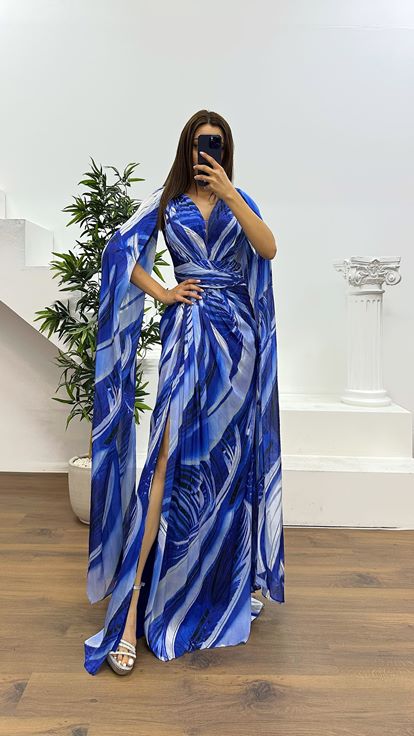 Saks V Neck Patterned Evening Dress