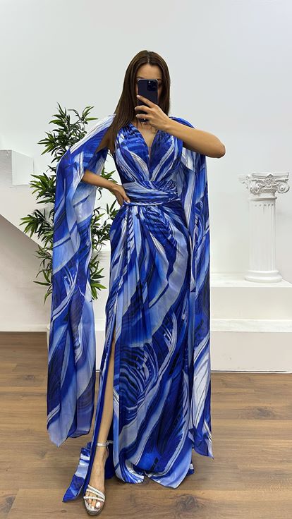 Saks V Neck Patterned Evening Dress