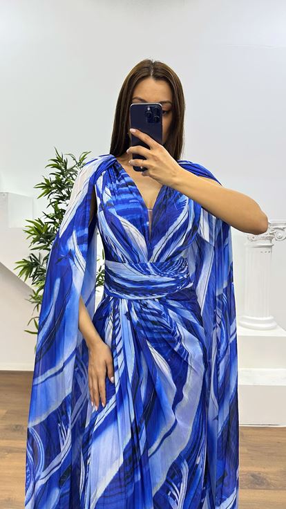 Saks V Neck Patterned Evening Dress