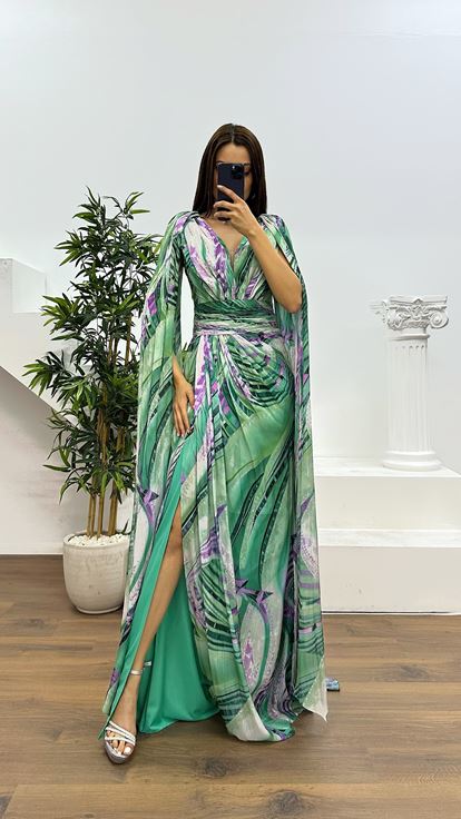 Vestido de noche estampado con escote en V color verde aguamarina