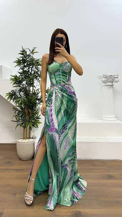 Aqua Green Strapless Patterned Evening Dress