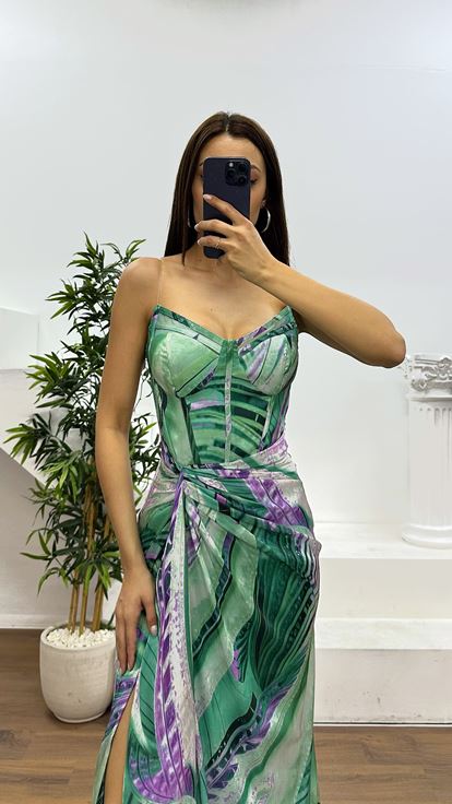 Aqua Green Strapless Patterned Evening Dress