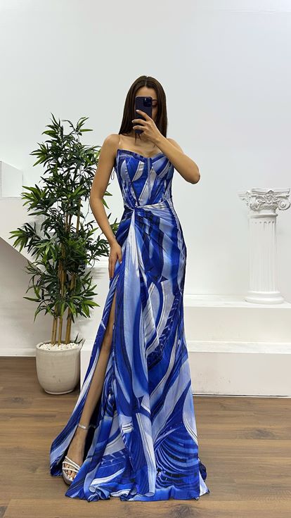 Saks Strapless Patterned Evening Dress