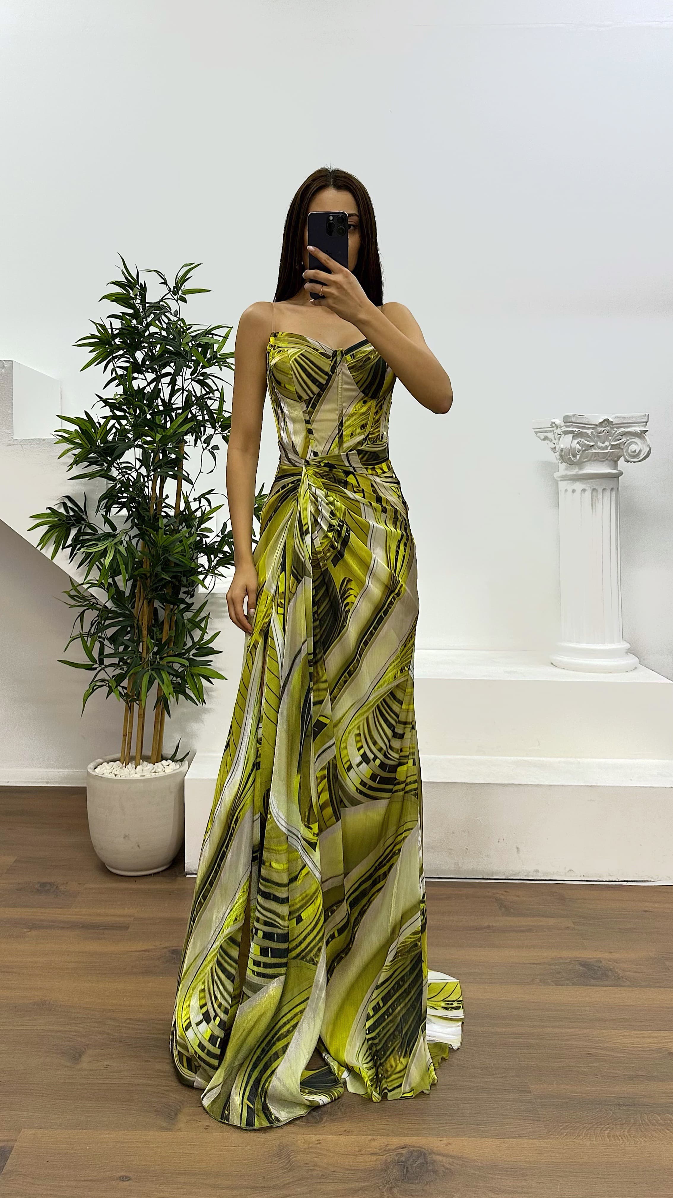 Green Green Strapless Patterned Evening Dress Green Green Strapless Patterned Evening Dress