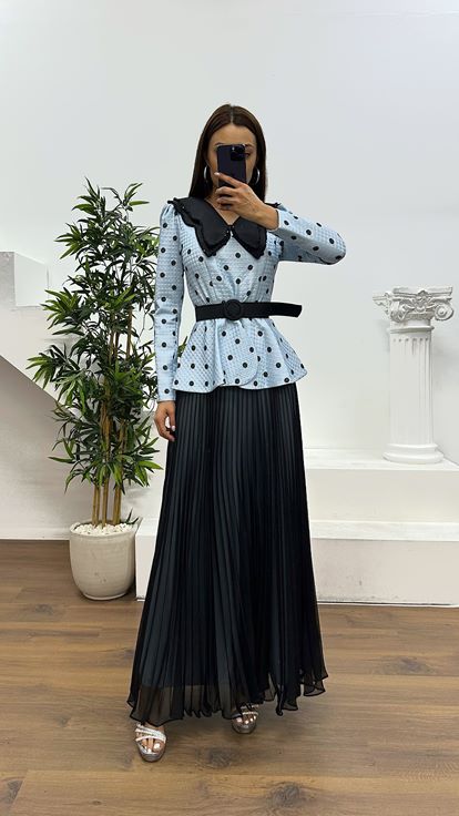 Mavi Bebe Yaka Puantiyeli Etek Takım