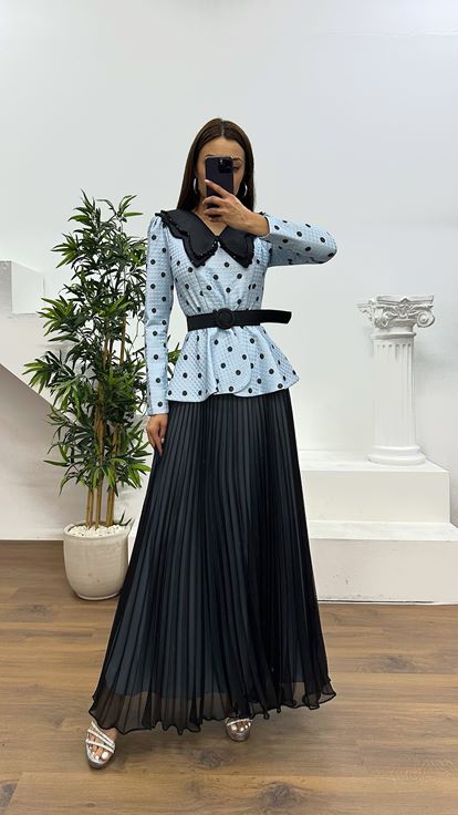 Mavi Bebe Yaka Puantiyeli Etek Takım