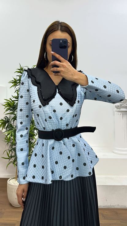 Mavi Bebe Yaka Puantiyeli Etek Takım