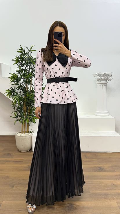 Pudra Bebe Yaka Puantiyeli Etek Takım