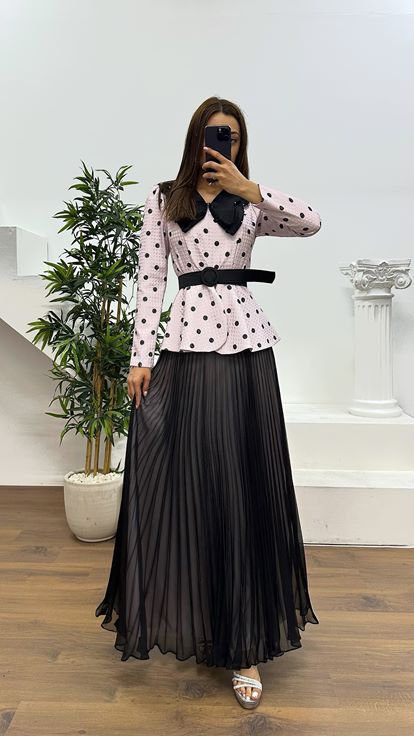 Pudra Bebe Yaka Puantiyeli Etek Takım