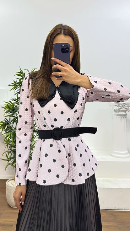 Pudra Bebe Yaka Puantiyeli Etek Takım