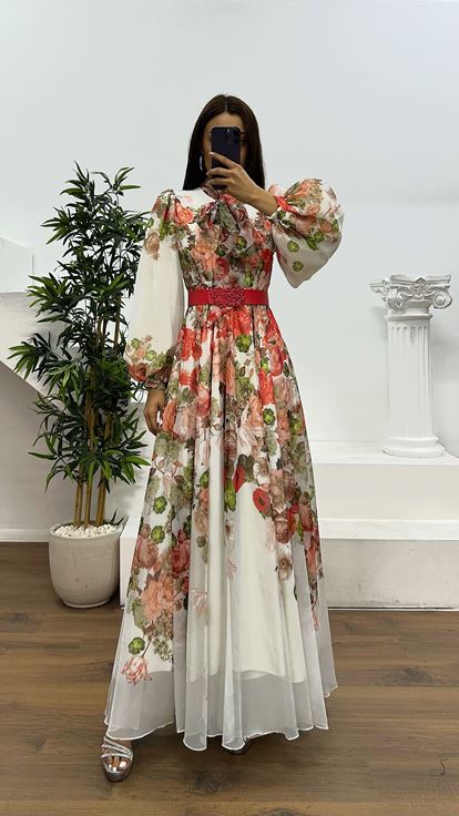 Red Flower Patterned Evening Dress