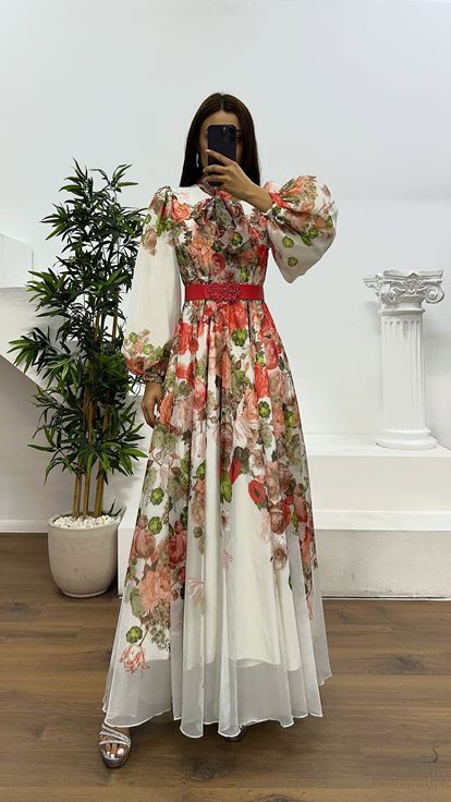 Red Flower Patterned Evening Dress