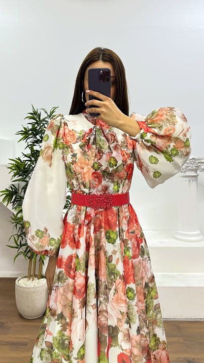 Red Flower Patterned Evening Dress