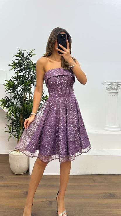 Lila Straplez Boncuklu Mini Abiye Elbise