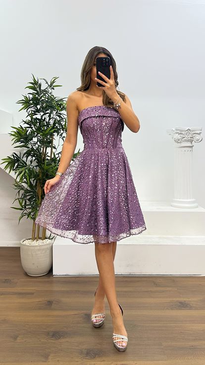 Lila Straplez Boncuklu Mini Abiye Elbise