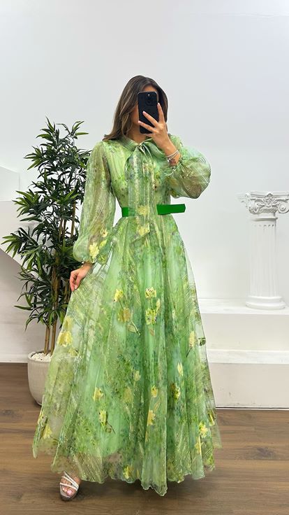 Robe de soirée en tulle à motifs floraux verts