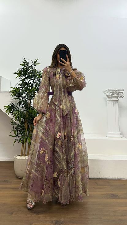 Lila Çiçek Desenli Tül Abiye Elbise